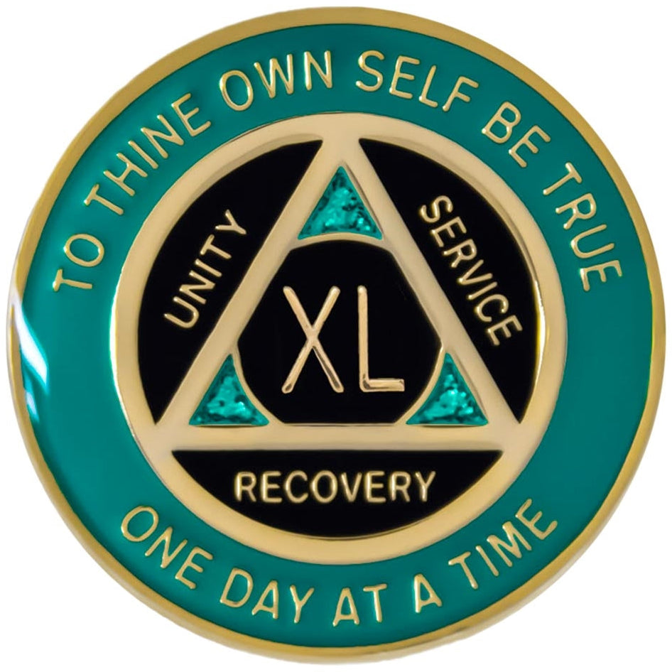 Gold, white, and sparkle alcoholics anonymous recovery coin with 'XXV' on a white background
