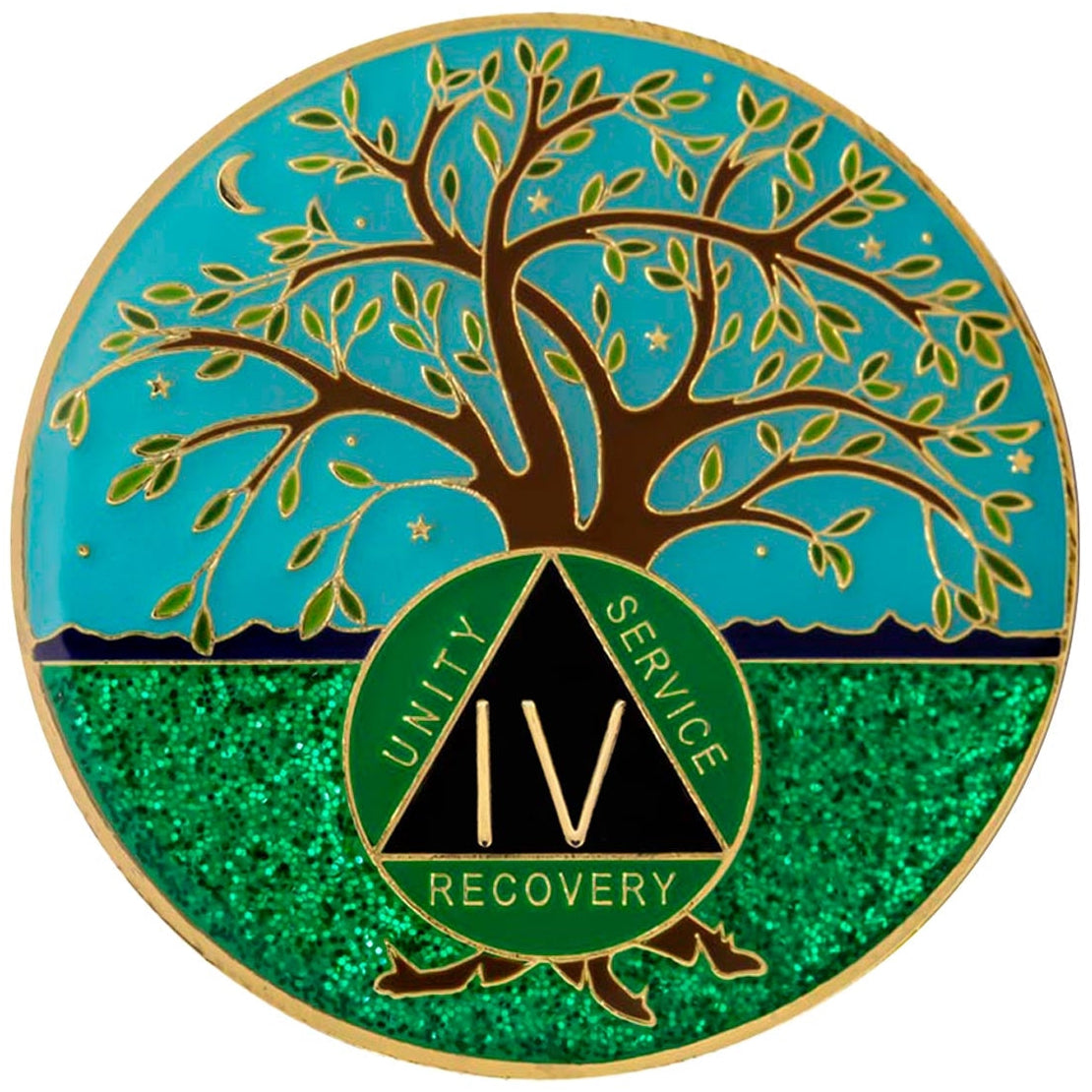 Alcoholics Anonymous recovery coin with text and triangle symbol on a white background